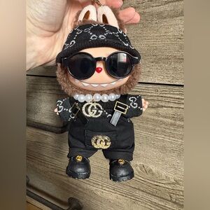 Black overall with pearls set for labubu